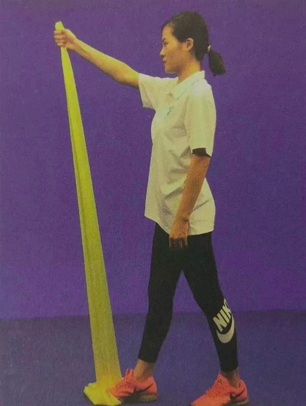 3 肌力训练(1)肩前屈肌群:弹力带一端固定在地面或踩在脚底,患手抓住