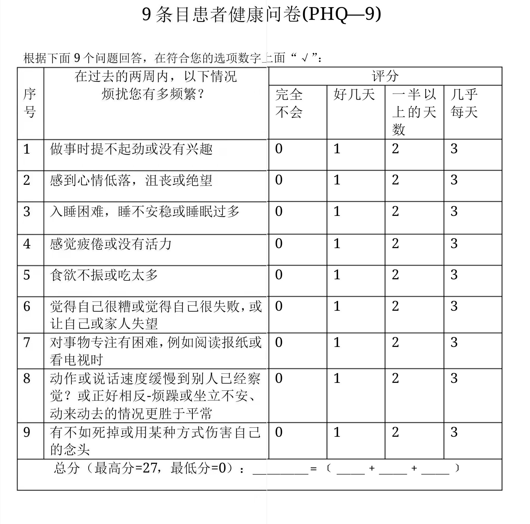 抑郁测试卷图片