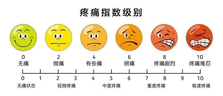 ③面部表情量表②数字分级法:将疼痛程度用0-10个数字来表示,0表示不